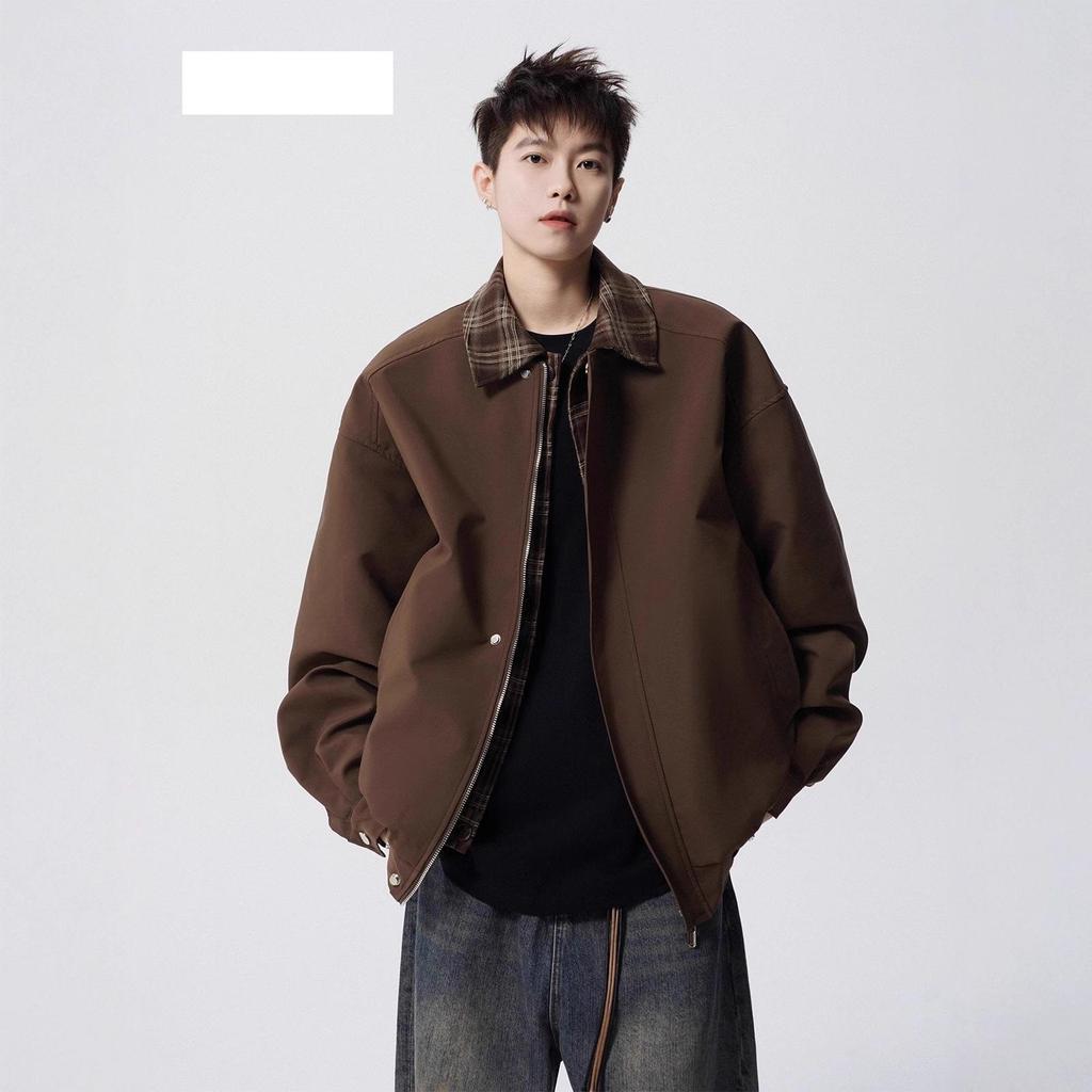 Men's Plaid Patchwork Casual Jacket - American Style Two-Piece Design for Spring and Autumn