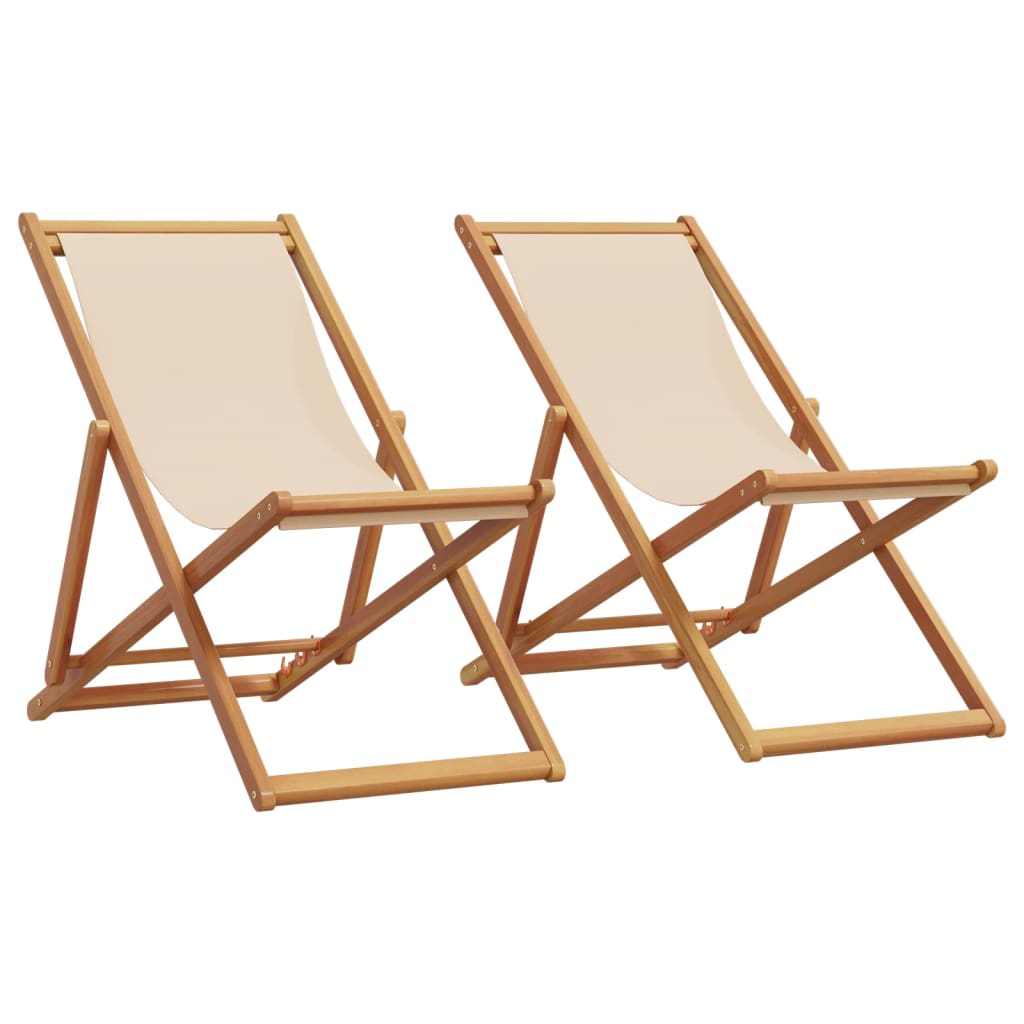 Beach Chairs 2 Pcs. Foldable Beige Fabric and Solid Wood