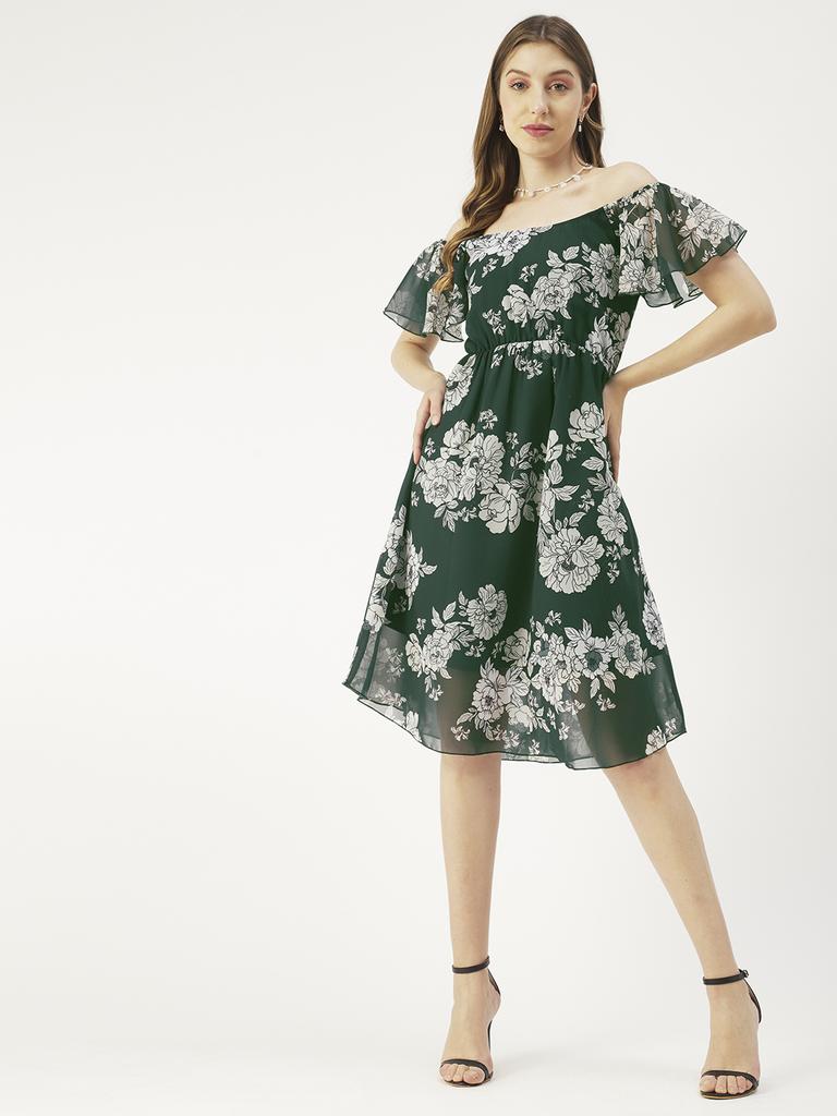 Moomaya Printed Off-Shoulder Poly Georgette Midi Dress Cinched Long Dress