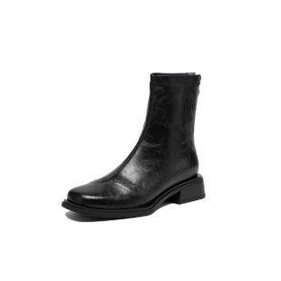 

Short boots women 2026 flat bottomed soft soled square toe street skinny boots soft leather Maillard boots 35 чёрный
