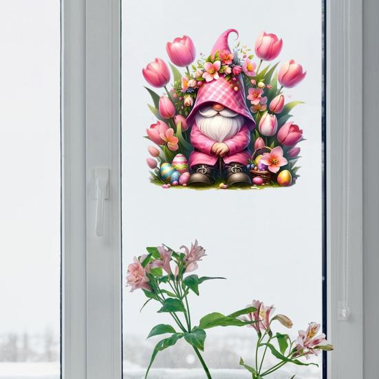 Tulip Gnome PVC Window Cling Waterproof Pink Floral Gnome Static Sticker Reusable Glass Door Decals for Classroom Home Office Party Decoration