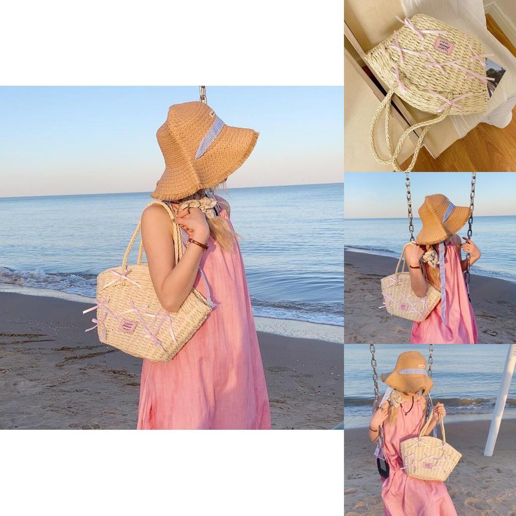 Einfache Rosa Schleife Dekoration Damen Lässige Grasgewebte Handtasche Für Den Täglichen Gebrauch Und Strandausflüge