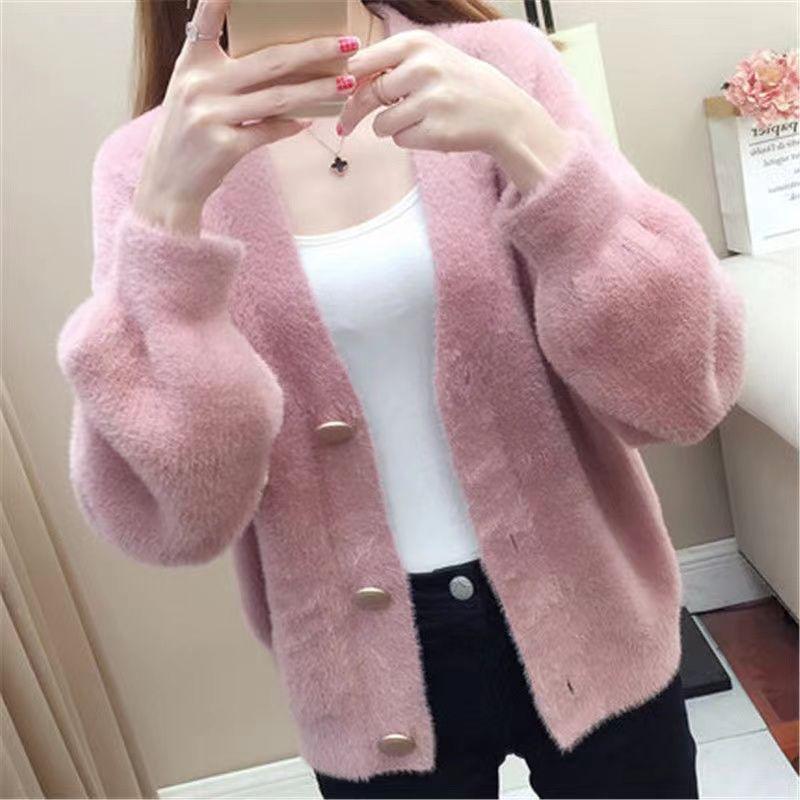 Women's Faux Mink Fleece V-neck Cardigan – Versatile Autumn & Winter Fashion