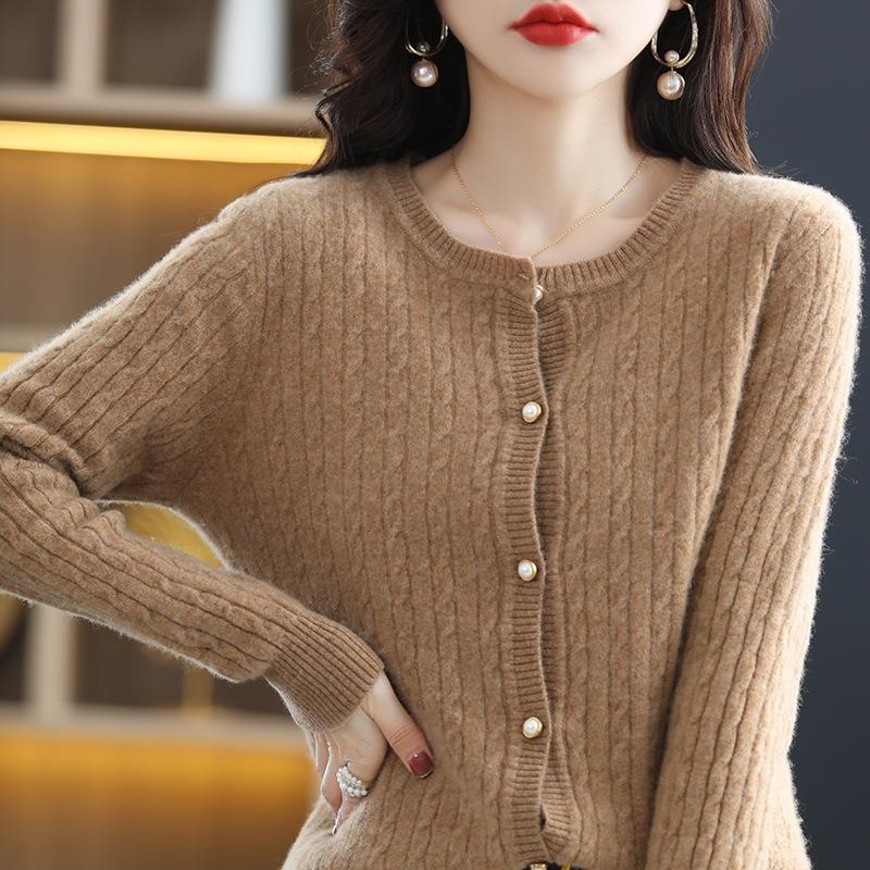 Spring and Autumn Cardigan Women's Crew Neck Twist Knitted Loose Versatile Solid Color Breasted Sweater Jacket