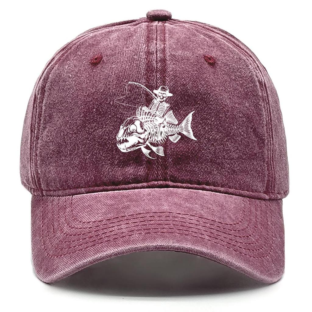 Human Skeleton and Fish Print Snapback Sun Hat, Fishing Rod Mesh Hat Fit Hip Hop Distressed Raw Brim Adjustable Baseball Hat