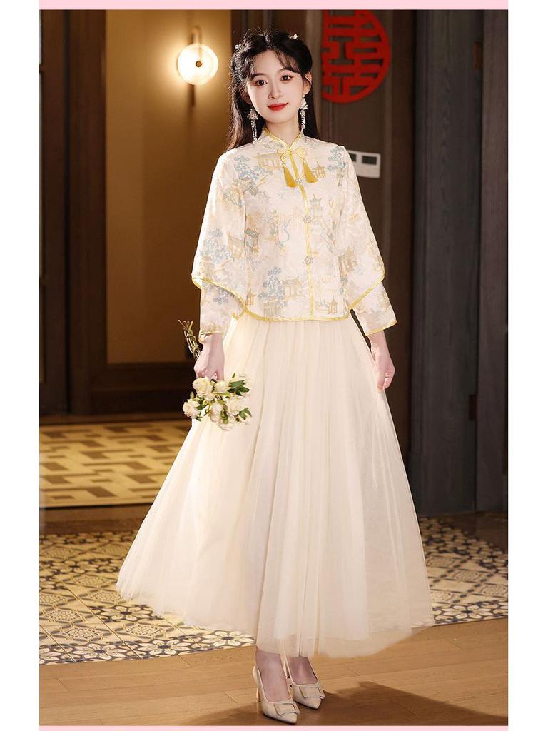 2025 Neuer Stil Champagner Langarm Brautjungfernkleid für Herbst-/Winterhochzeit