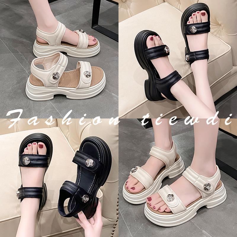 Muffin Thick Bottom Sports Sandals Female Summer Casual Heightening Velcro Beach Sandals Youthful Women Summer Shoes Breathable for Hot Weather