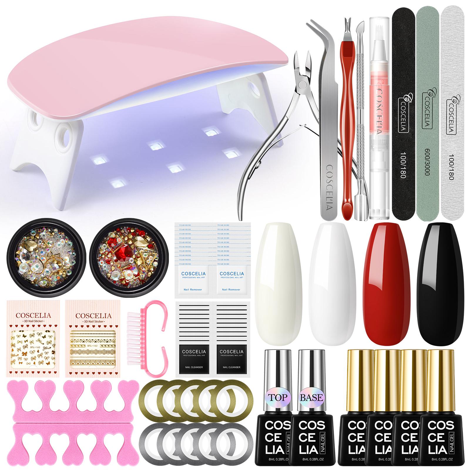 

COSCELIA 4 шт. набор гель-лака для ногтей с УФ-светодиодной лампой мощностью 6 Вт, замачиваемый базовый верхний слой для дизайна ногтей, наклейки для ногтей со стразами, маникюрные инструменты, набор УФ-гелей для ногтей