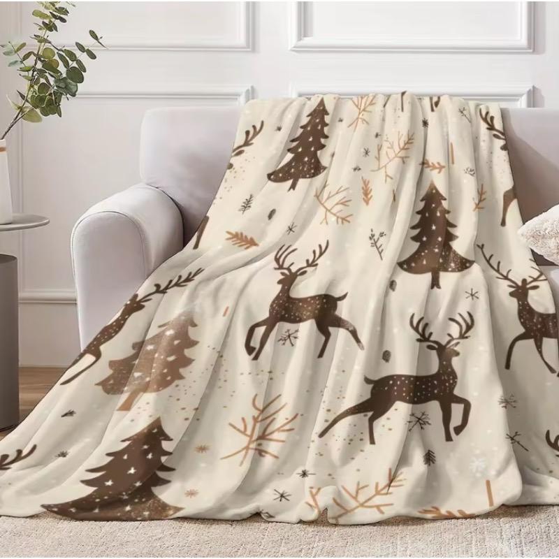 Weihnachtselch und Bäume Flanelldecke - Mit modernem Digitaldruck Elch Kiefer und Schneeflockendesign für Zuhause Reise