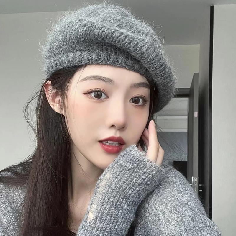 

Вязаный берет на осень и зиму для женщин в корейском стиле, универсальная ретро шляпа художника, модная вязаная шерстяная шапка серый