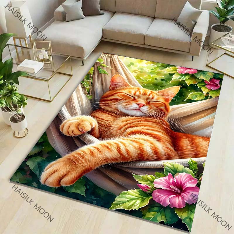 Süße Orange Katze am Nachmittag Bedruckter Teppich Wohnzimmer Schlafzimmer Sofa Teppich Dekor Rutschfeste Fußmatte Geschenke für Familie Freunde