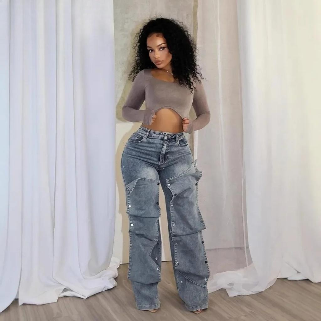 STREETRICH Fashion Detachable Buckle Irregular Jeans For Women High Waist Denim Pants Female Trendy