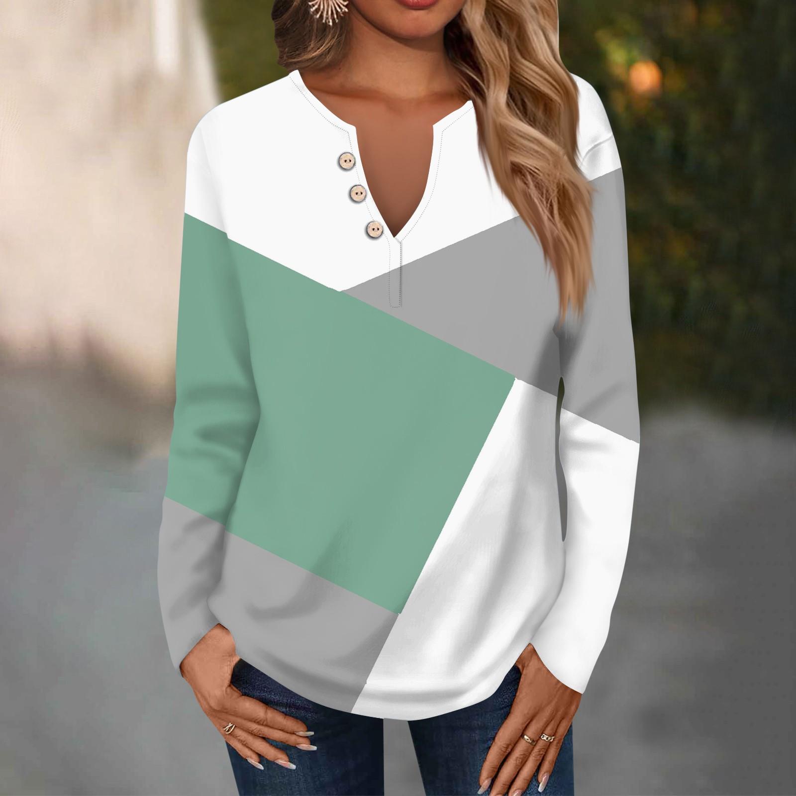 

Женская модная повседневная футболка с V-образным вырезом и длинным рукавом, с принтом, с декоративными пуговицами L