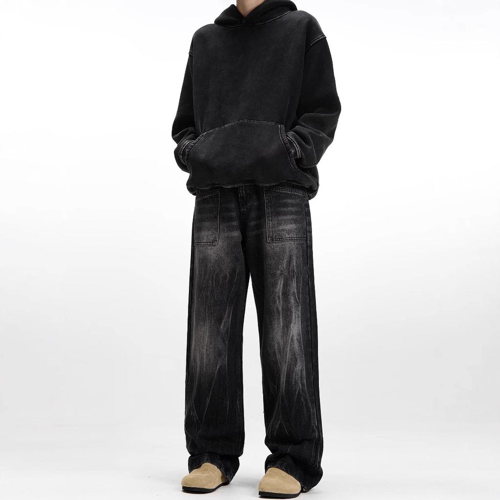 Retro black washed straight old jeans men's and women's loose high street vibe street design pants tide