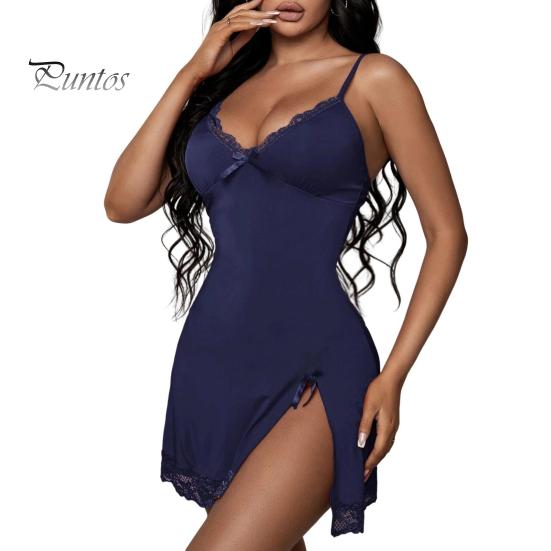 Women Nightdress V Neck Backless Sleeveless Bow Lace Floral Embroidery Nightie Spaghetti Strap Slit Hem Nightgown for Valentines Day Wedding Night