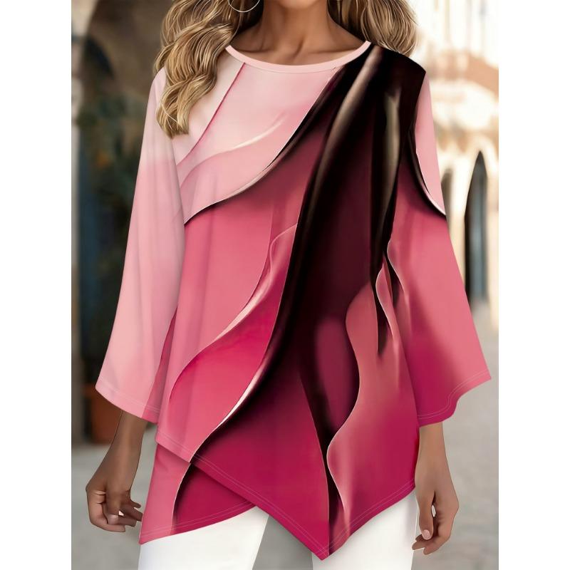 Marble pattern printed gradient design nine-quarter sleeve all-over printed irregular hem top S