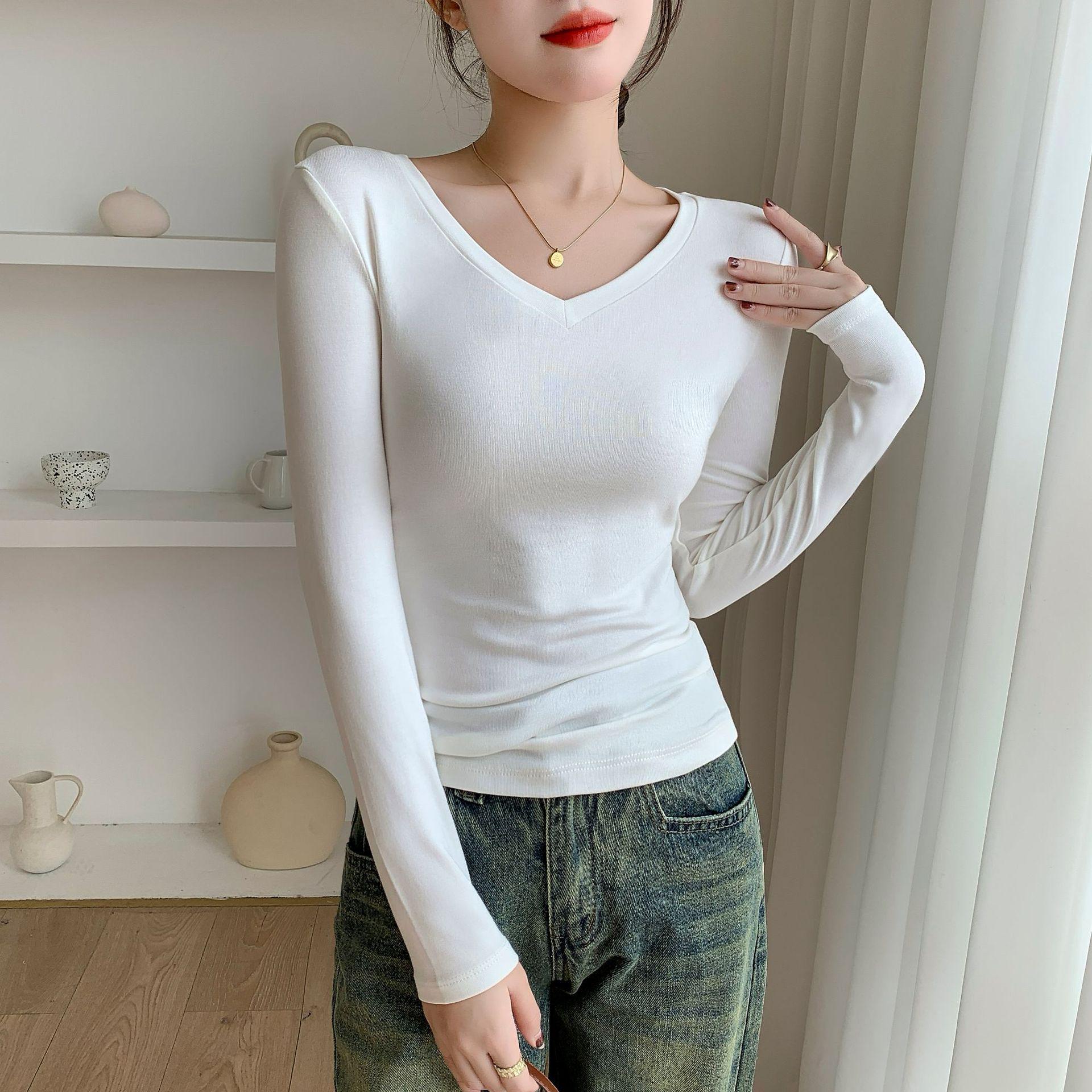 

Женский облегающий топ с V-образным вырезом и длинными рукавами в рубчик на осень/зиму M (Recommended 90-102 lbs) белый