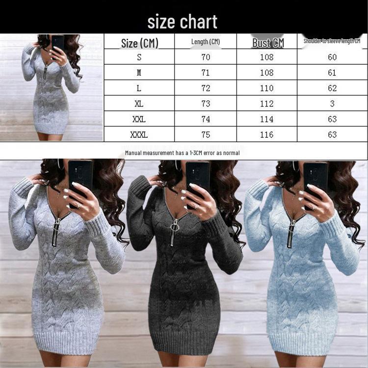 New V-Neck Zipper Cable Knit Sweater Dress In Solid Color