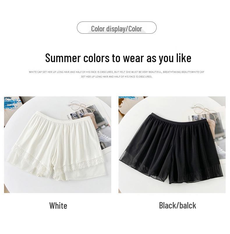 H306 Women's White Lace Anti-Exposure Summer Safety Shorts - Thin, Non-Rolling Edge, Double Layered