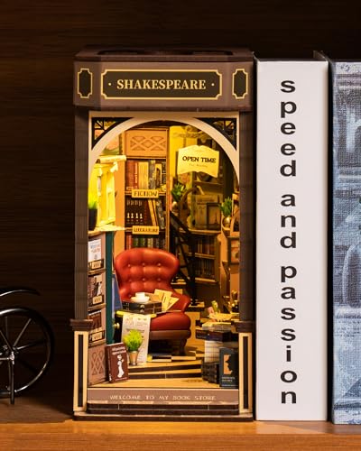 ROBOTIME Buchnische Bausatz DIY 3D Puzzle Bastelset Holz Handgemachtes Set Miniatur Puppenhaus Bausatz Buchständer Montage Bücherregal Dekoration LED Schalterlicht Mi