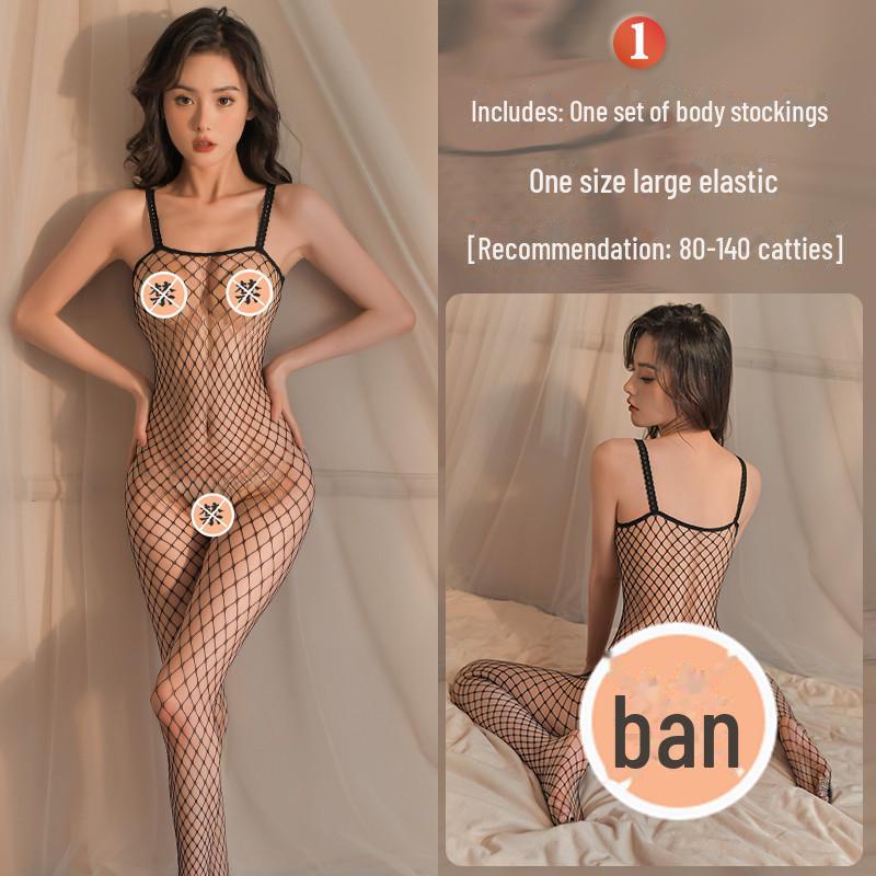 Erotic Black Mesh One-Piece Lingerie Set with Open Stockings - Tempting and Sexy