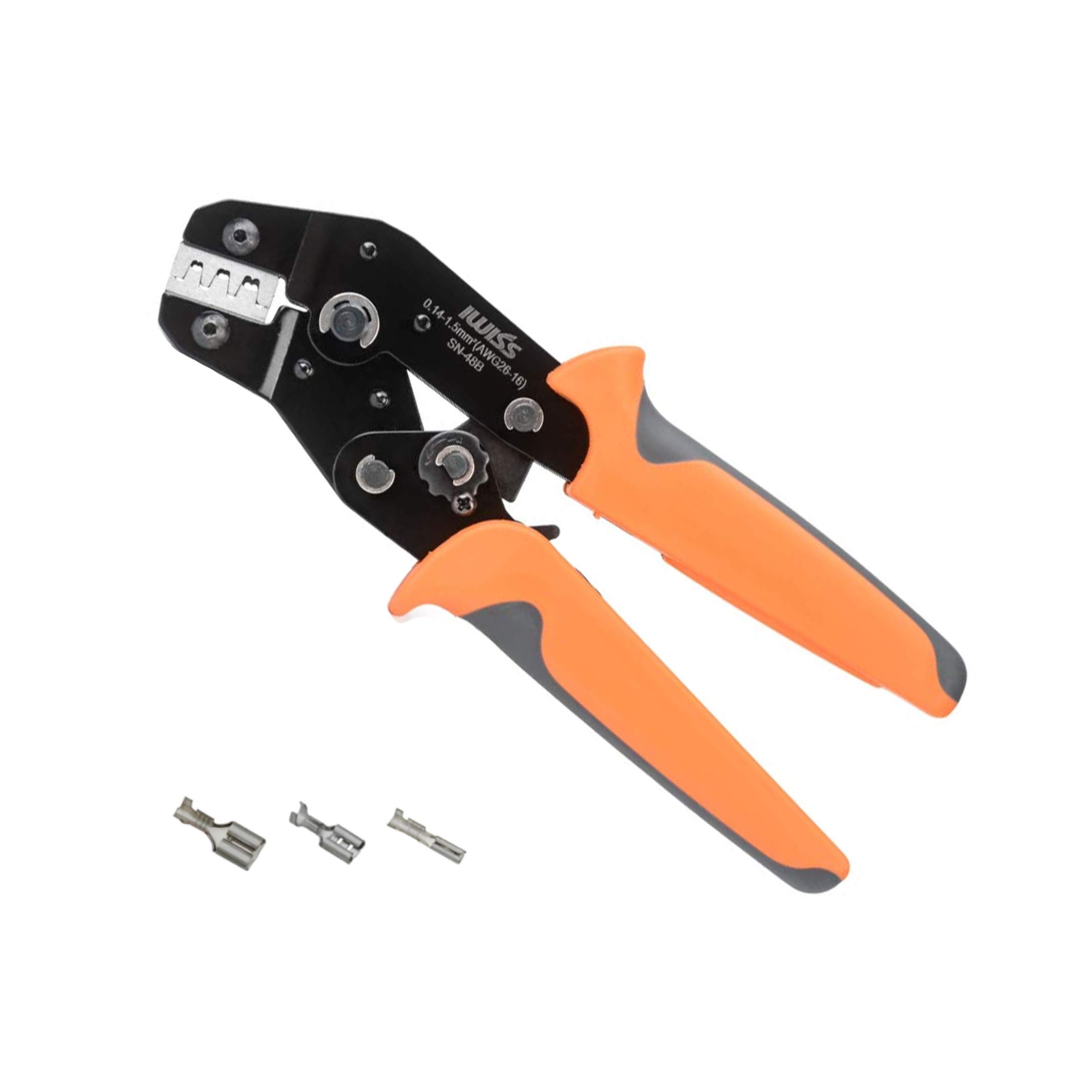 

IWISS SN-48BE Ratchet-Type Crimping Pliers, Open Barrel, for Faston Terminals, EDM Cut, Compatible with 0.14-1.5mm² Medium-Sized Terminals