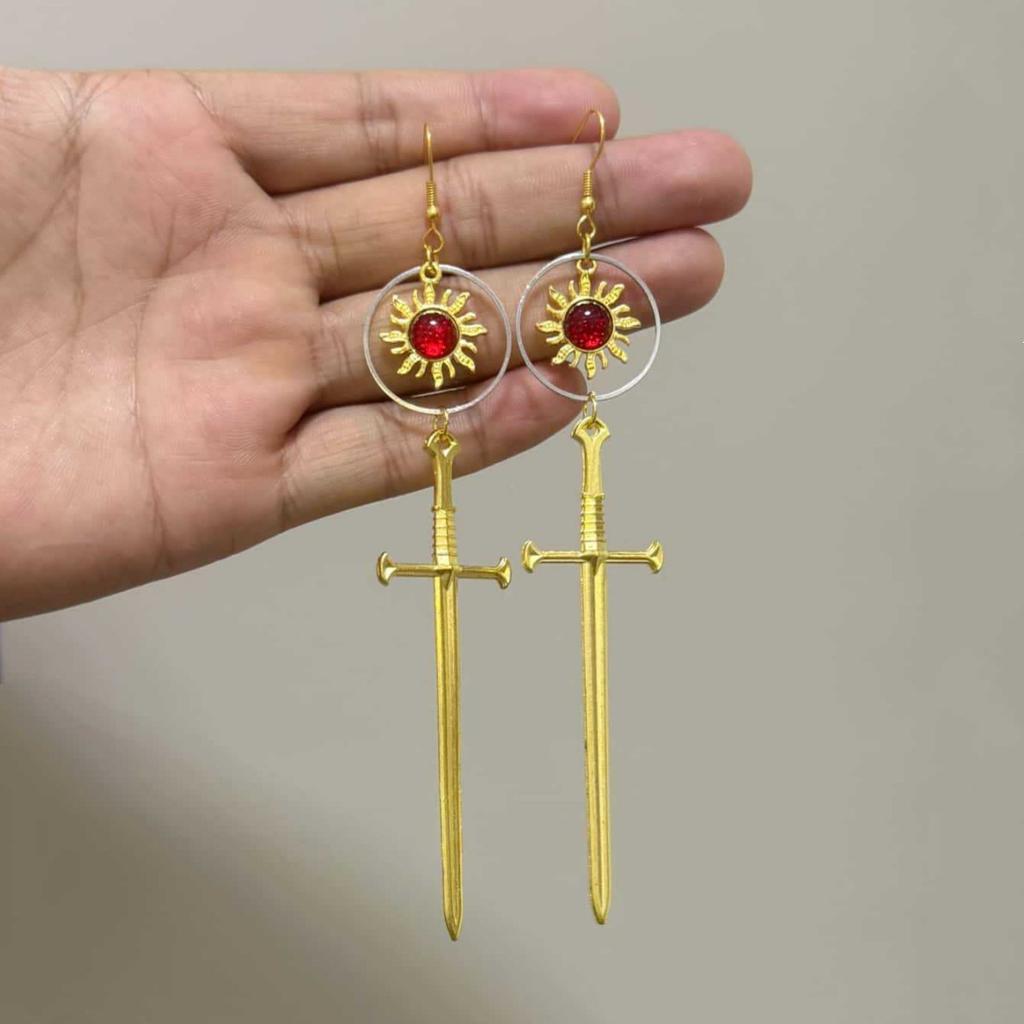 Dark Gothic Inlaid Red Crystals Gold Color Sun Sword Cross Dangle Earrings for Women Personality Retro Hallowmas Party Jewelry
