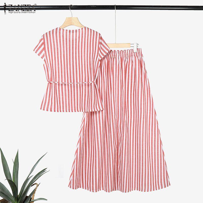 ZANZEA Women Short Sleeve Blouse and Long Skirts Stripe Print Two Piece Suit Sets