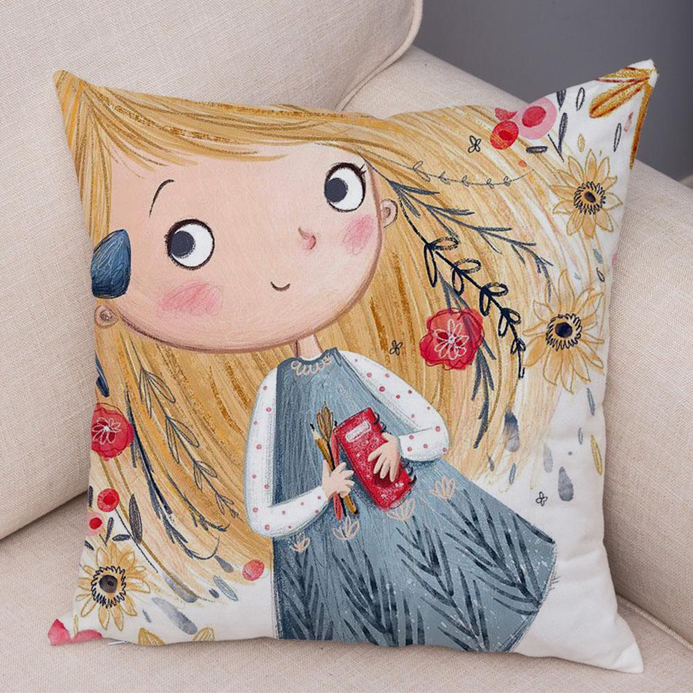 Super Soft Plush Pillow Case for Sofa Home Watercolor Cartoon Girl Cushion Cover Decor Fairy Tale World Lovely Child Pillowcase