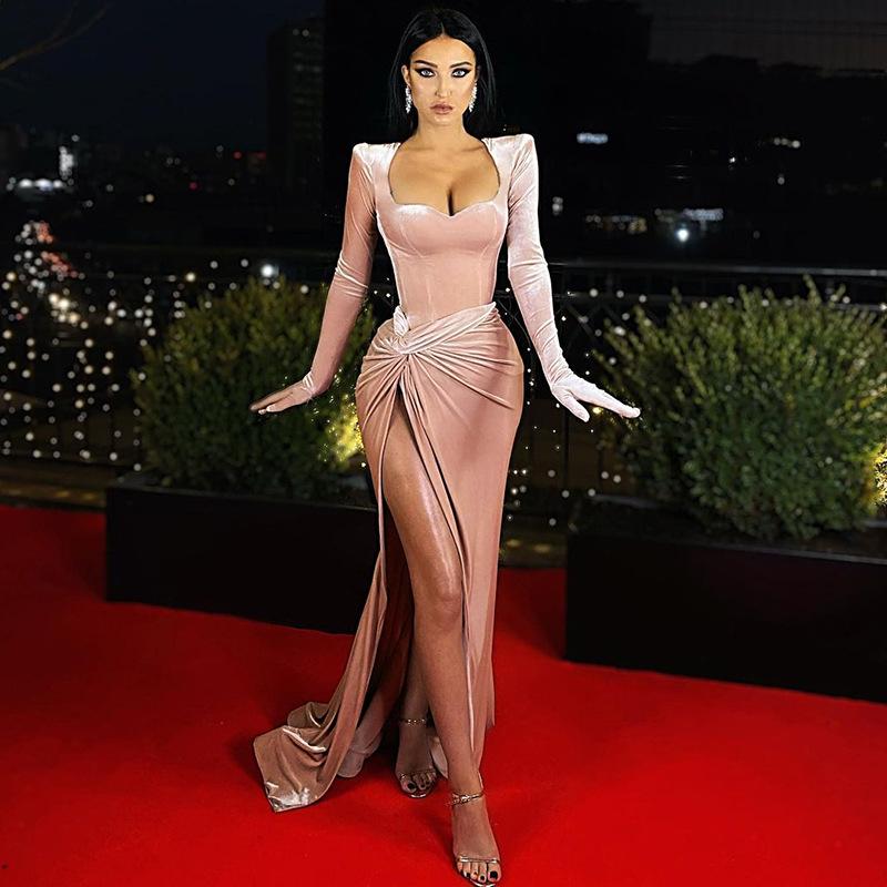 2021 Women's Fashion Slimming Sexy High Waist Velvet Evening Dress with Gloves