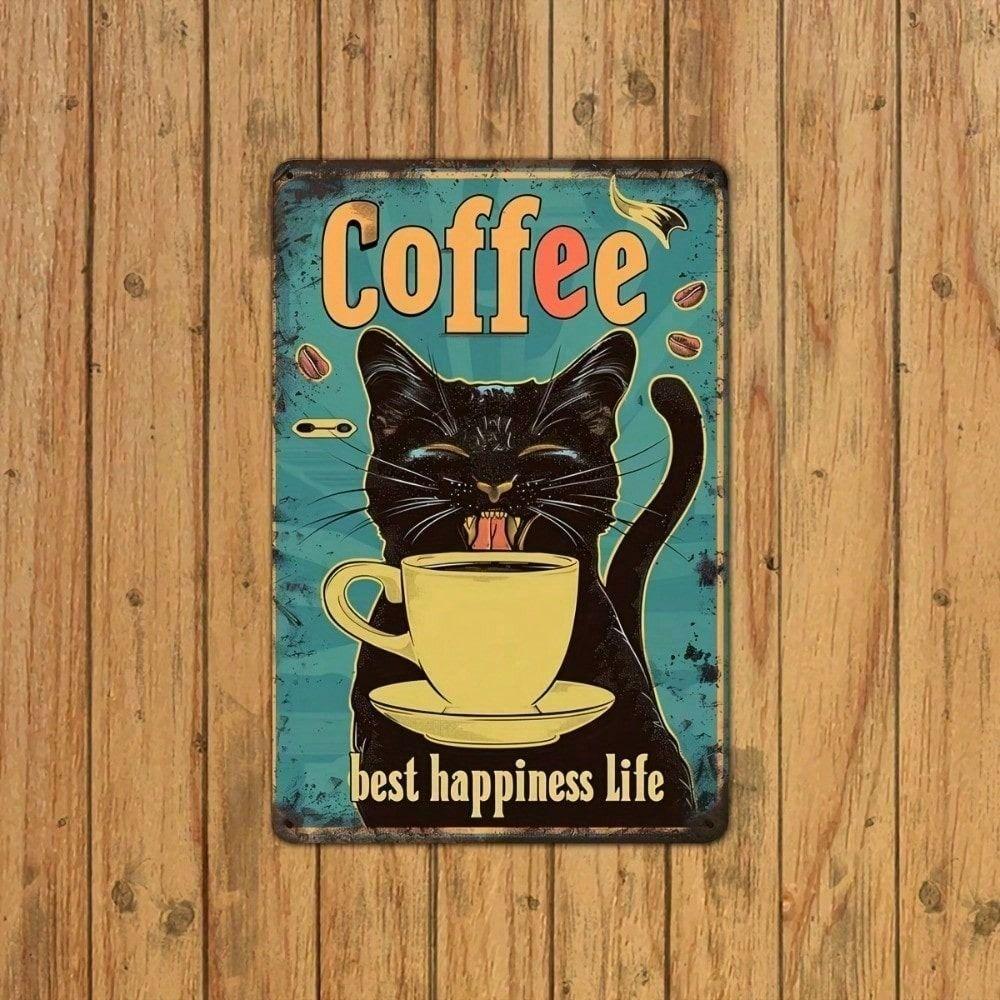 Metallposter Retro Katze mit Kaffee Vintage Bar Wandkunst