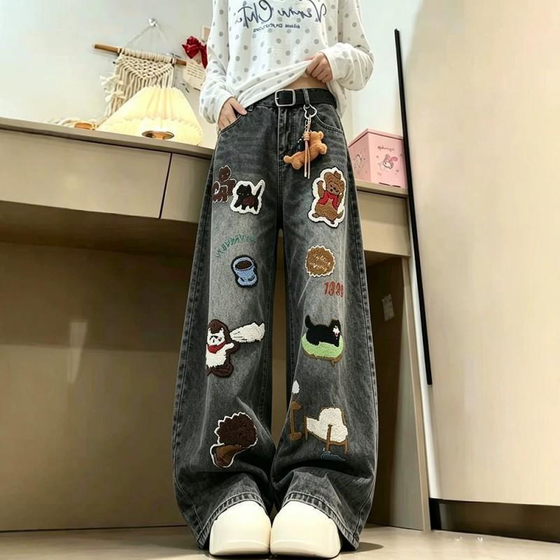 Womens Cartoon Embroidery Washed Denim Jeans Loose Wide Leg Cropped Pants Streetwear
