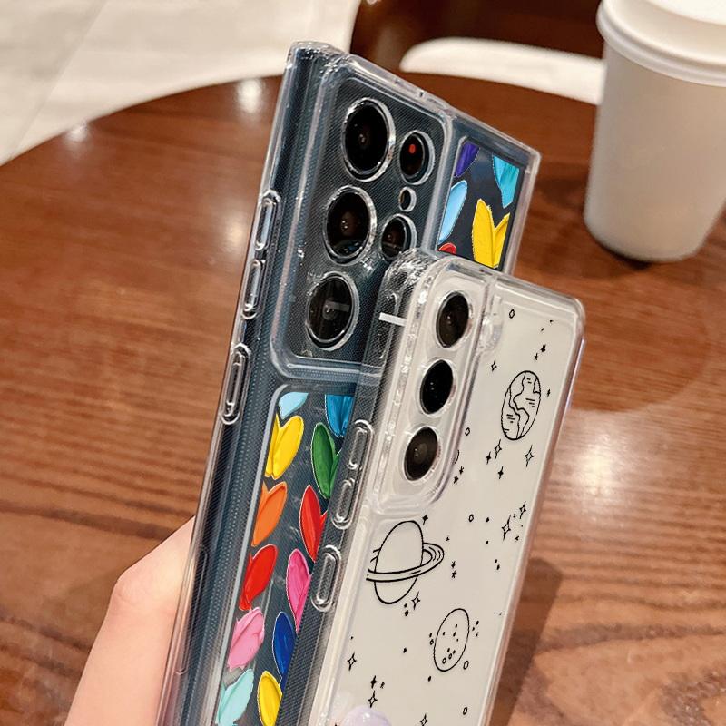 Fashion Love Heart Floral Transparent Phone Case For Samsung S24 S23 Ultra S22 S21 FE A15 A35 A55 A33 A54 A53 A25 Shockproof Clear Soft Silicone Cover