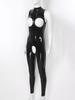 Catsuit en cuir verni brillant pour femmes, bonnets ouverts, body sans entrejambe, col montant, sans manches, slim, Clubwear