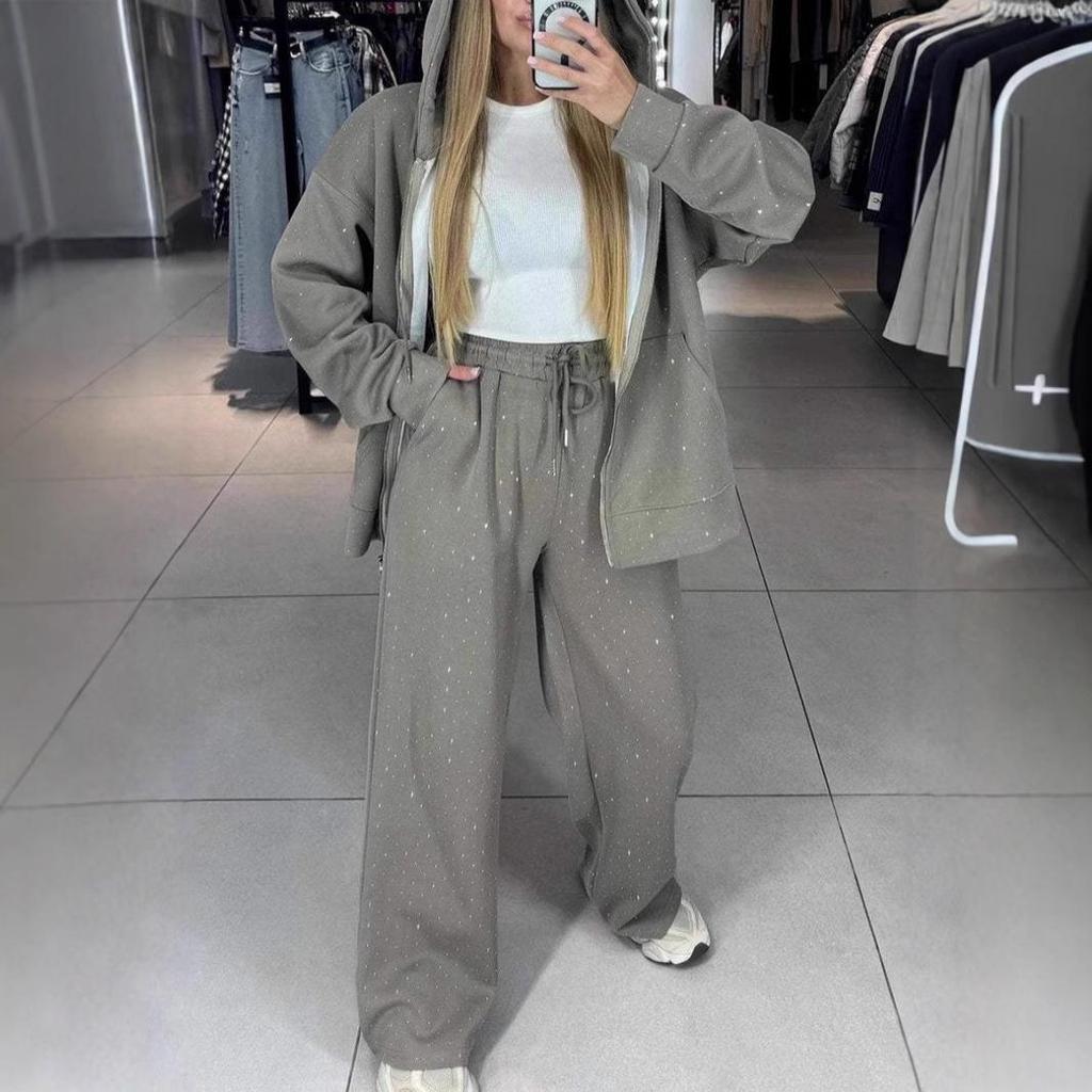 Women's Autumn/Winter Casual Zipper Hoodie & Wide-Leg Pants Set