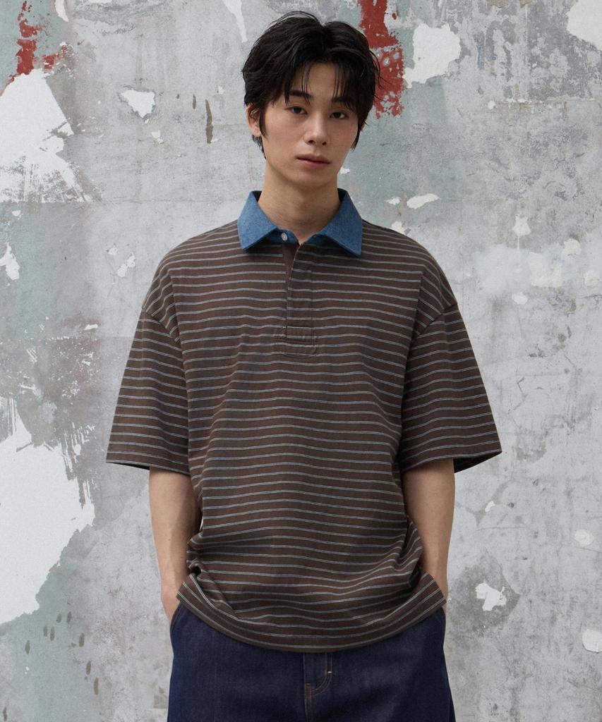 AGOD Contrast Denim Collar Stripe Half T-Shirt [Brown]