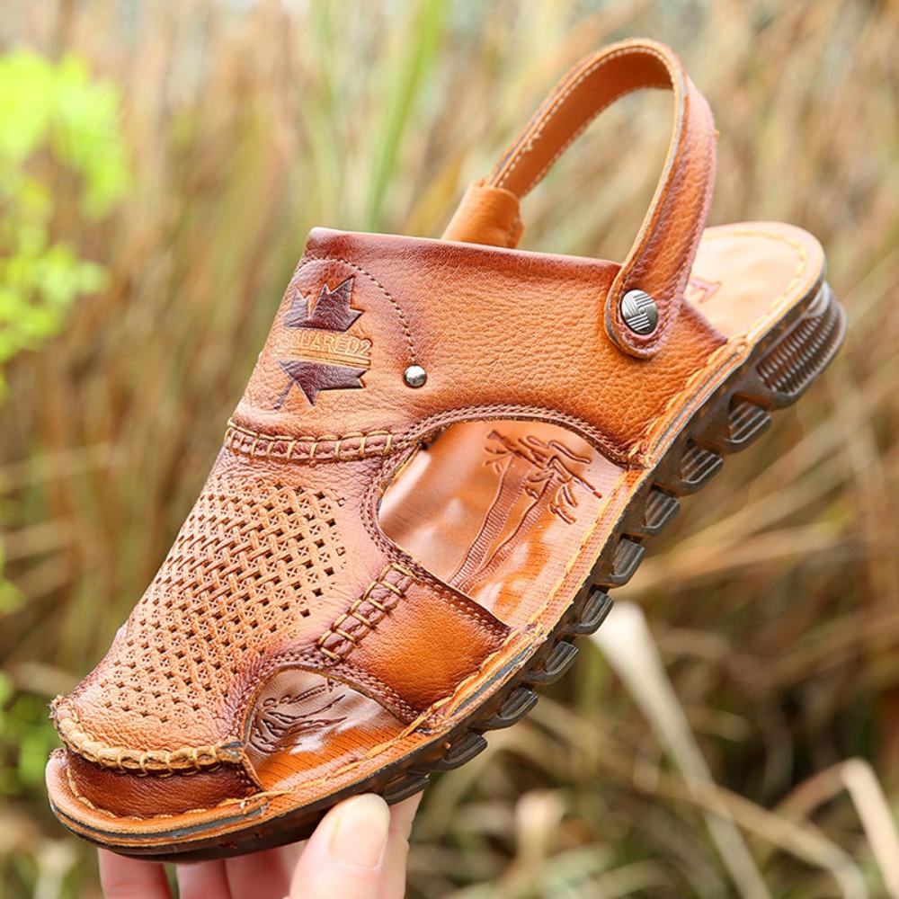 Men's Genuine Leather Sandals Summer Outdoor Breathable Open Toe Casual Beach Shoes Trendy Hollow Design