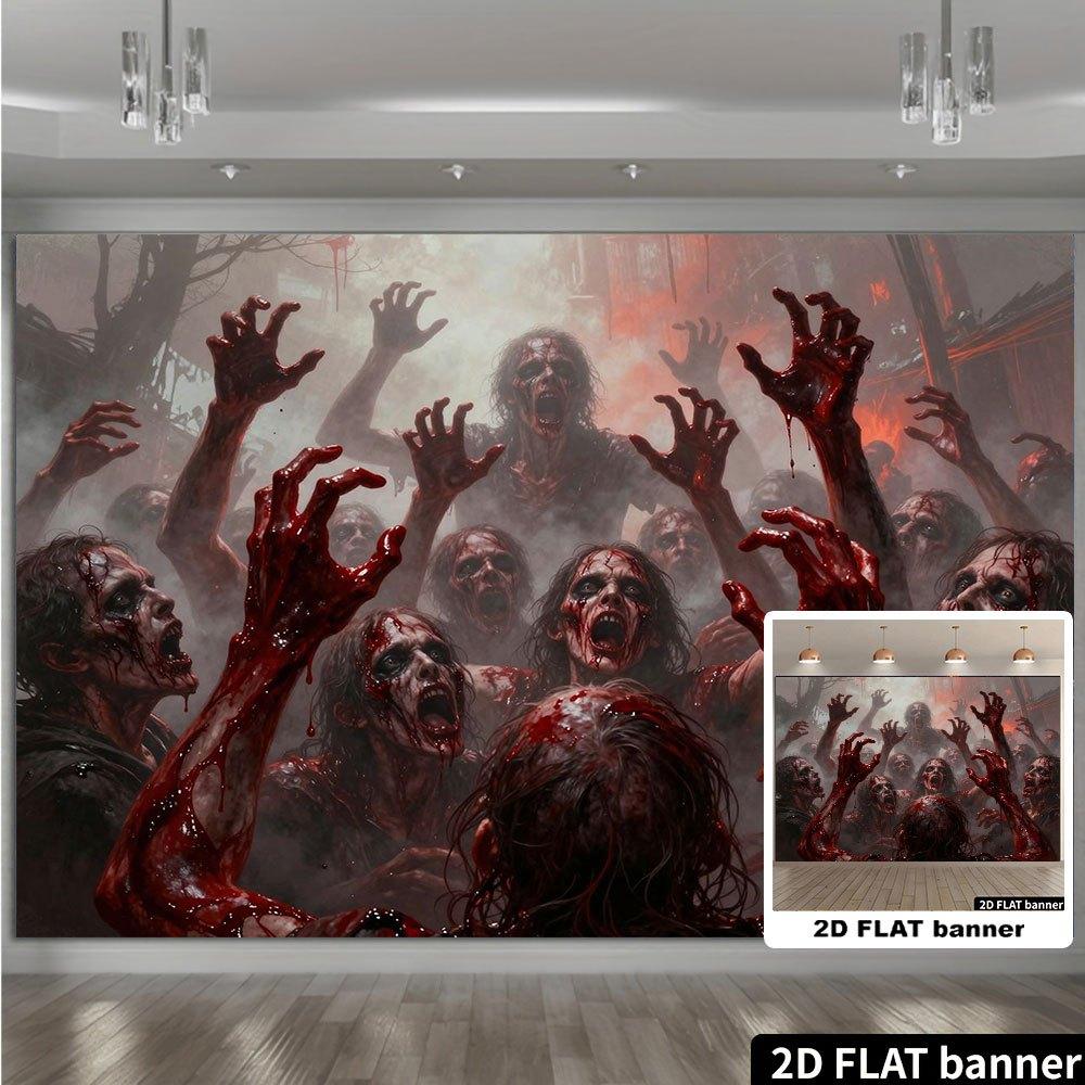 1 piece of 2D Flat Banner - Halloween banner featuring a group of zombies extending their bloody hands