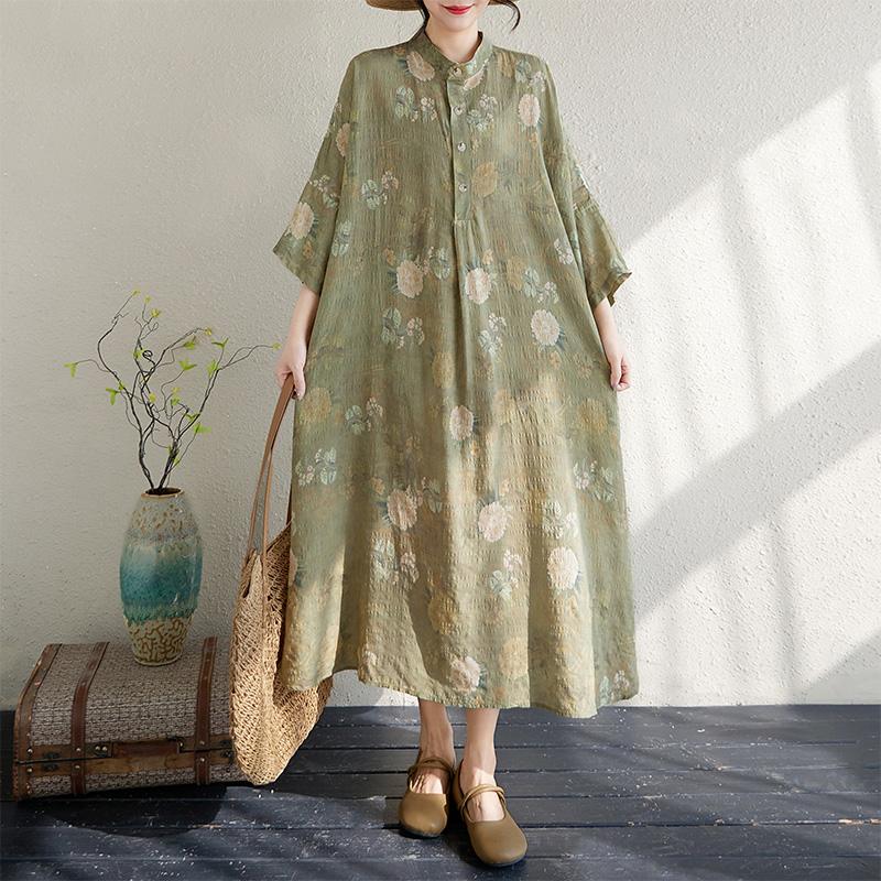 DIMANAF 2025 Summer Women Plus Size Dress Vintage Floral Buttons Casual Loose Long Oversized Dress New