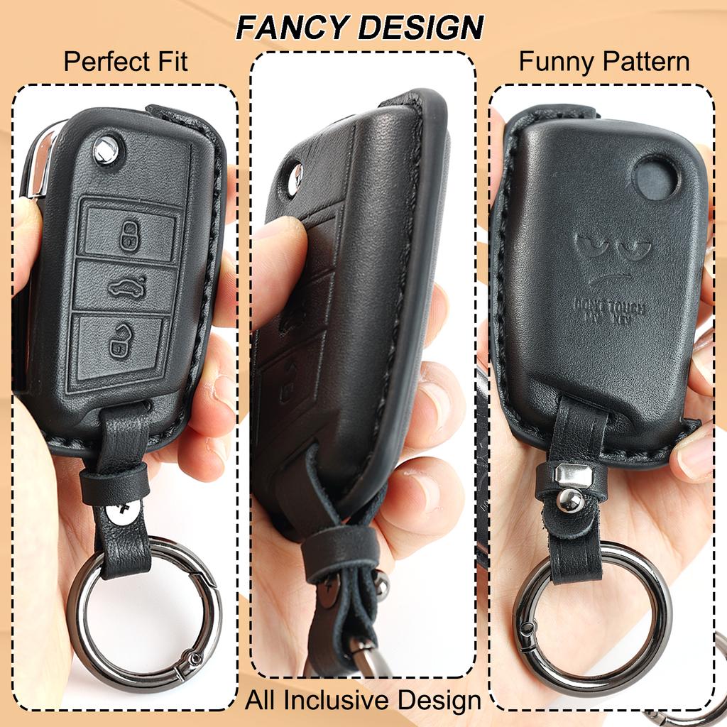 3 Button Genuine Leather Key Ring Case Cover Shell Holder Protect For Volkswagen Golf 7 2015-20  Skoda Fabia 2014-20 Seat Leon