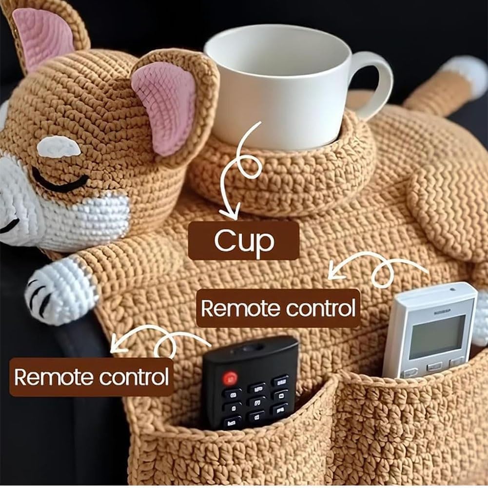 Crochet Cat Sofa Arm Organizer, Crochet Dog Sofa Organizer 2 Pockets and 1 Mug Holder, Remote Control Holder Couch, for Remote, Drink, Snacks, Phone