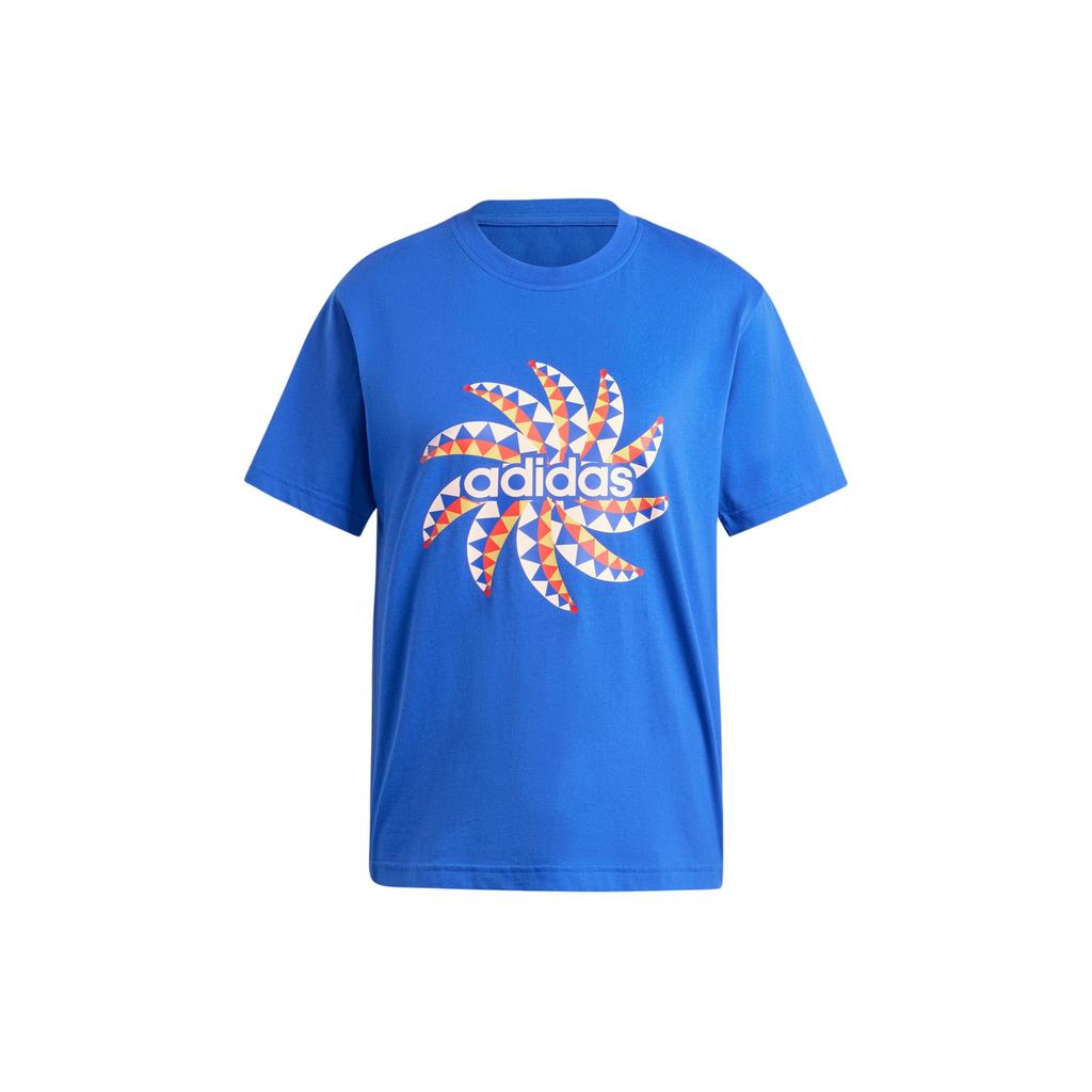 Adidas X Farm Rio Collaboration Letter Geometric Pattern Printed Round Neck Short Sleeve Drop Shoulder T-Shirt Women T-Shirt Blue IQ4485