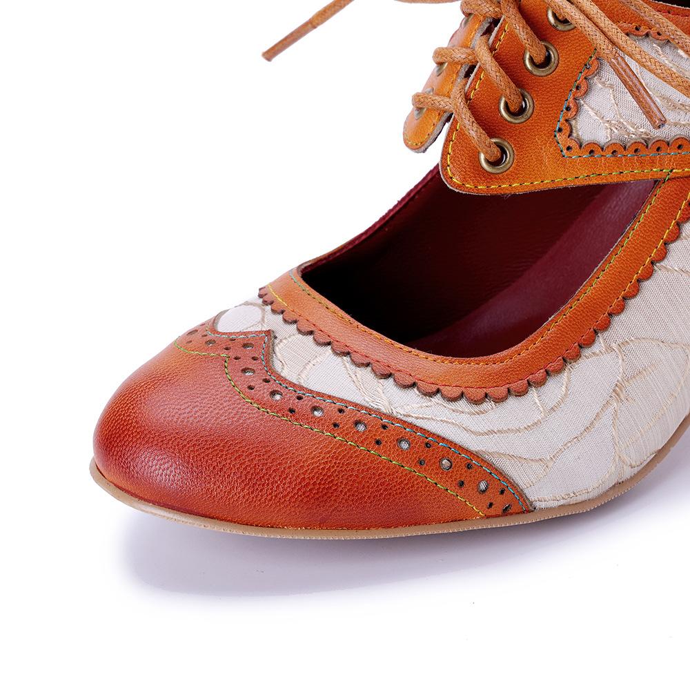 Johnature Vintage Patchwork Mary Jane Lace Up High Heels Handmade Genuine Leather Women's Shoes