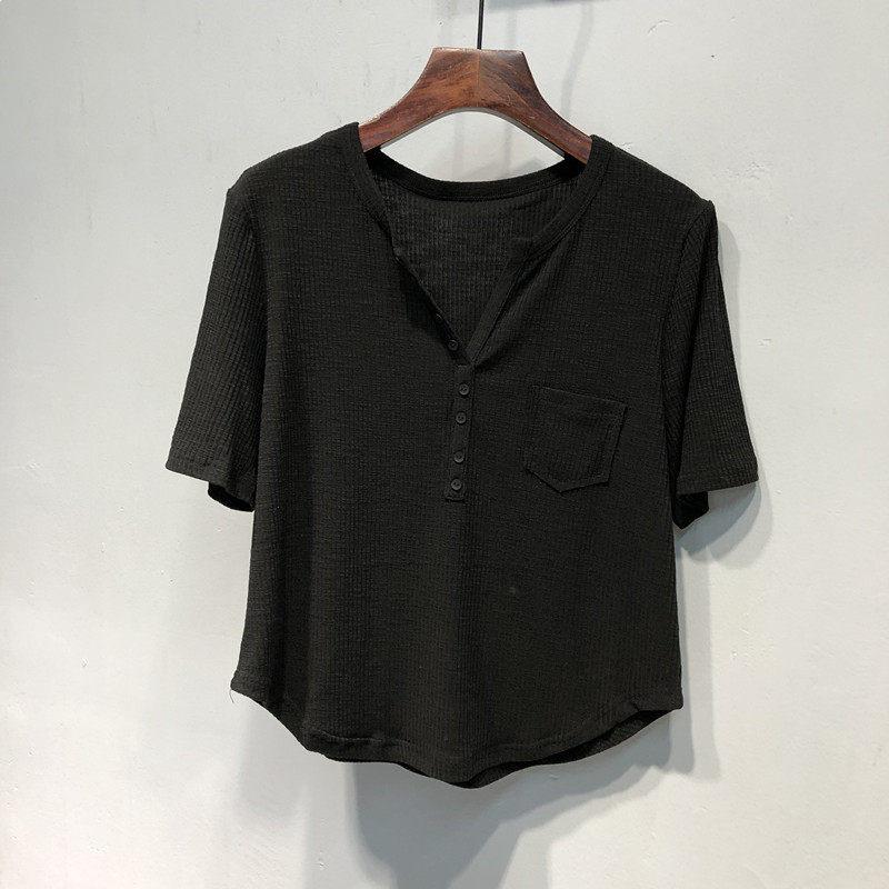 

ZDM Plus Size Ulzzang Solid Color Pocketed Ribbed Cotton Women s Casual Short-Sleeved T-Shirt 3XL (for 80-100 kg)