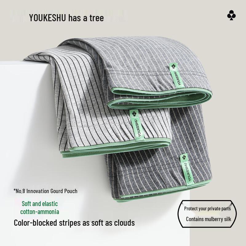 YOUKESHU Men's Striped Cotton Boxer Briefs with Silk Crotch