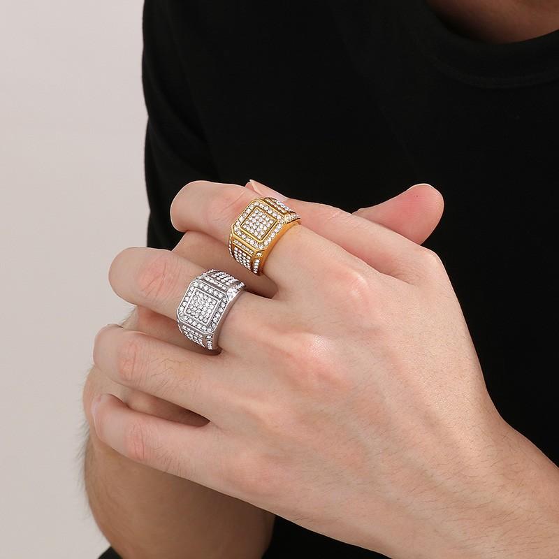 Hip Hop Full Zircon Larger Finger Rings Men's Shiny Stainless Steel Women's Gold Color Anillos Cocktail Ring Party Jewelry Gift