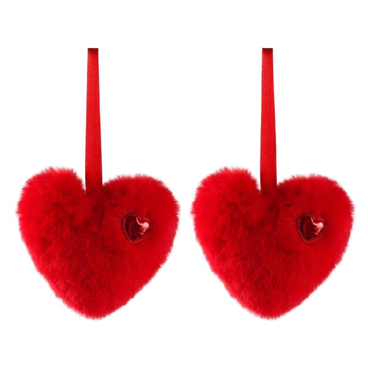 2Pcs Soft Furry Heart Shape Ball Hanging Ornament For Christmas Tree Mantels Window Wall Display Festival Decoration