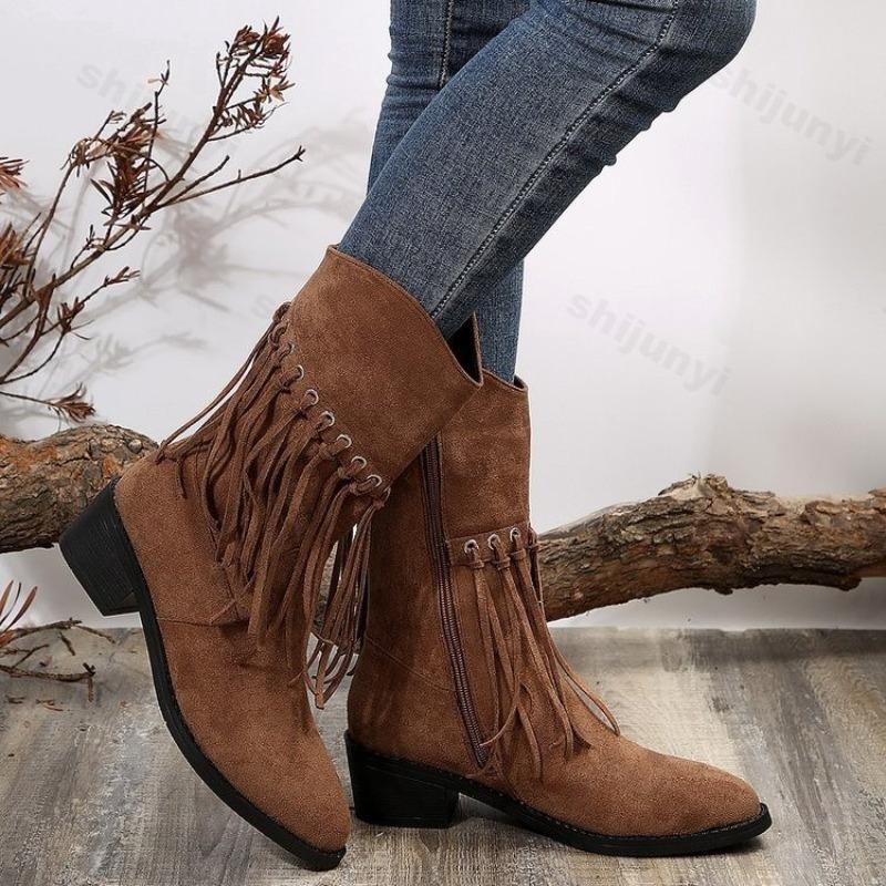 Women Boots Vintage Tassel High Heels Cowgirl 2026 Autumn Fashion Pointed Toe Denim Ankle Boots Woman Pleated Western Booties