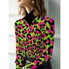 Women's Crossed Semi-turtleneck Long-sleeved Top, Eye-catching Fluorescent Contrasting Color Leopard Print Full Print Pattern