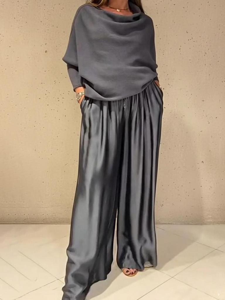 Autumn/Winter 2025 Off-the-Shoulder Satin Top & Wide-Leg Pants Two-Piece Set